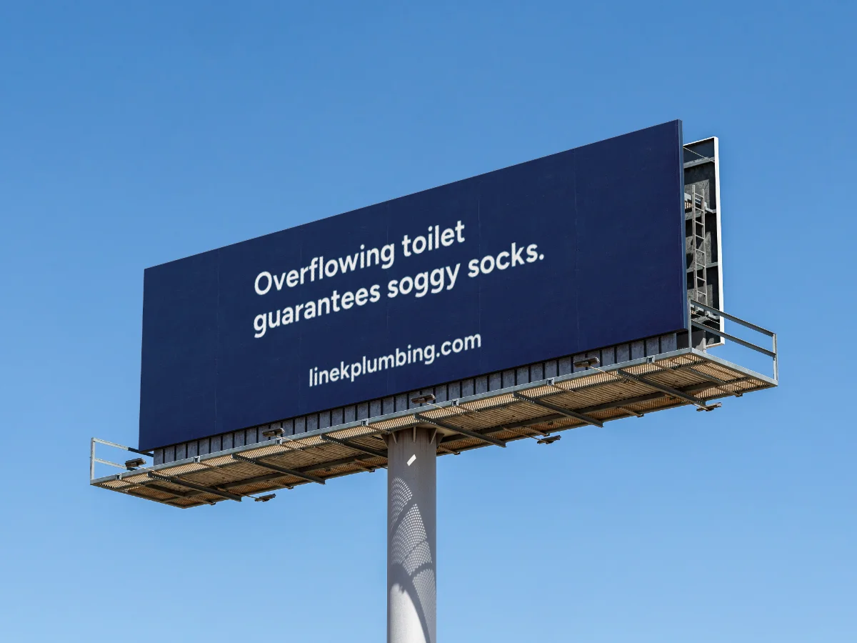 Billboard reading "Overflowing toilet guarantees soggy socks."